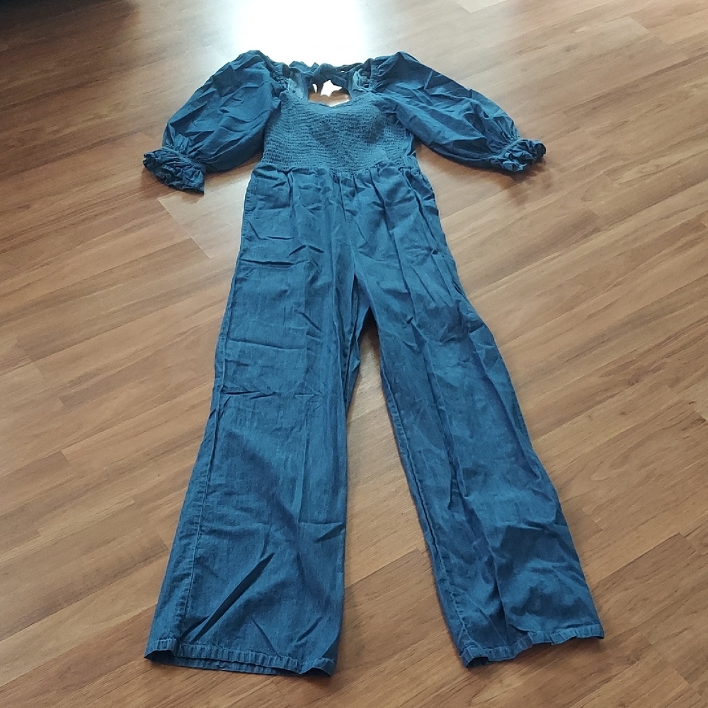 Elegant Denim Blue Jumpsuit with Puff Sleeves